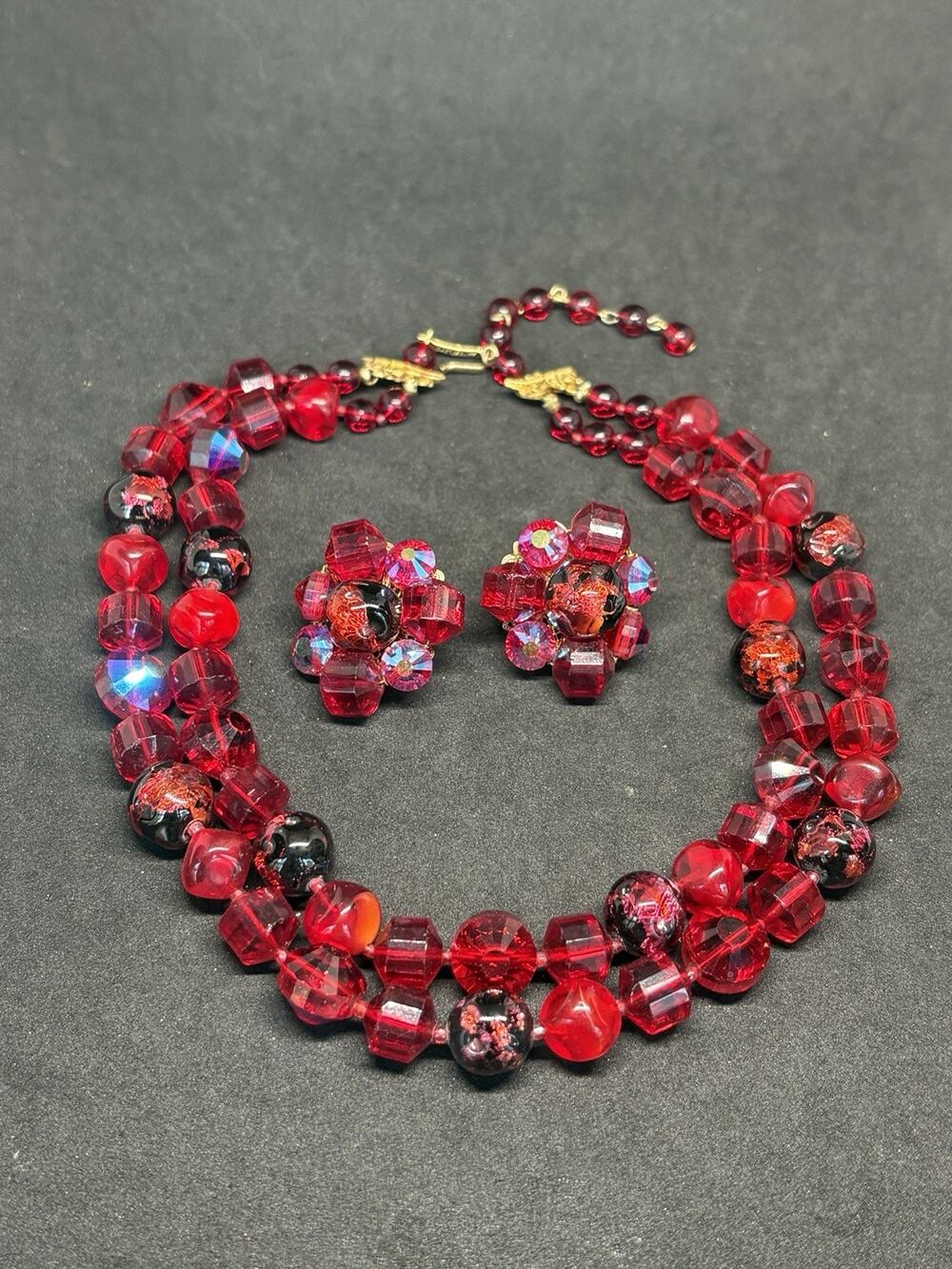 Vtg Estate CASTLECLIFF Murano Red GLASS Aurora borealis NECKLACE Earring SET 16”